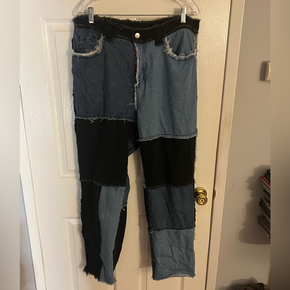 Patchwork Color Block Raw Hem Jeans - image 5